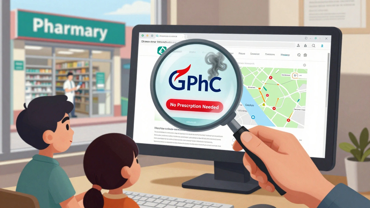 Family using a magnifying glass to uncover hidden dangers on a fake pharmacy website, with a legitimate pharmacy visible in the background.