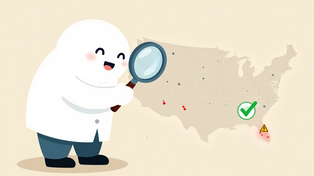 FDA scientist using magnifying glass over U.S. map of adverse event reports, highlighting rare targeted risk.