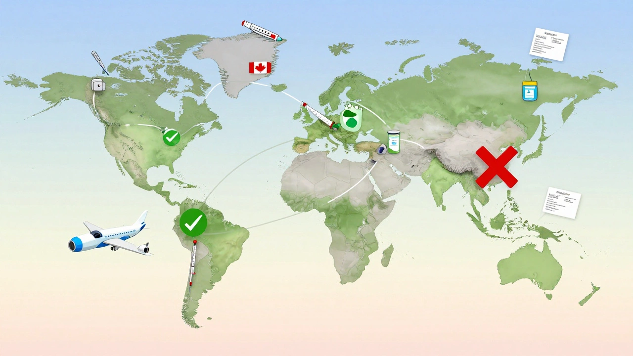 Global map showing flight routes with medical supply icons and green checkmarks or red X’s by country.
