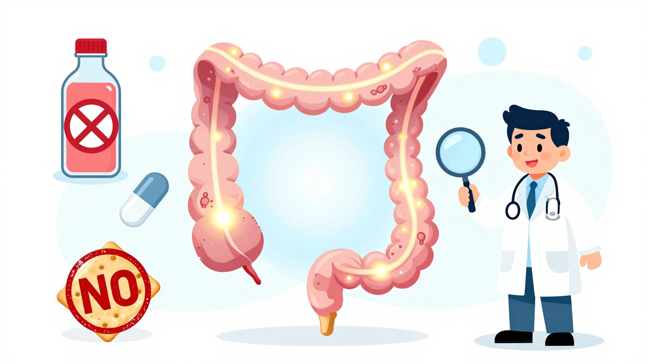 Glowing clean colon with polyps visible, surrounded by icons of forbidden foods and medications.