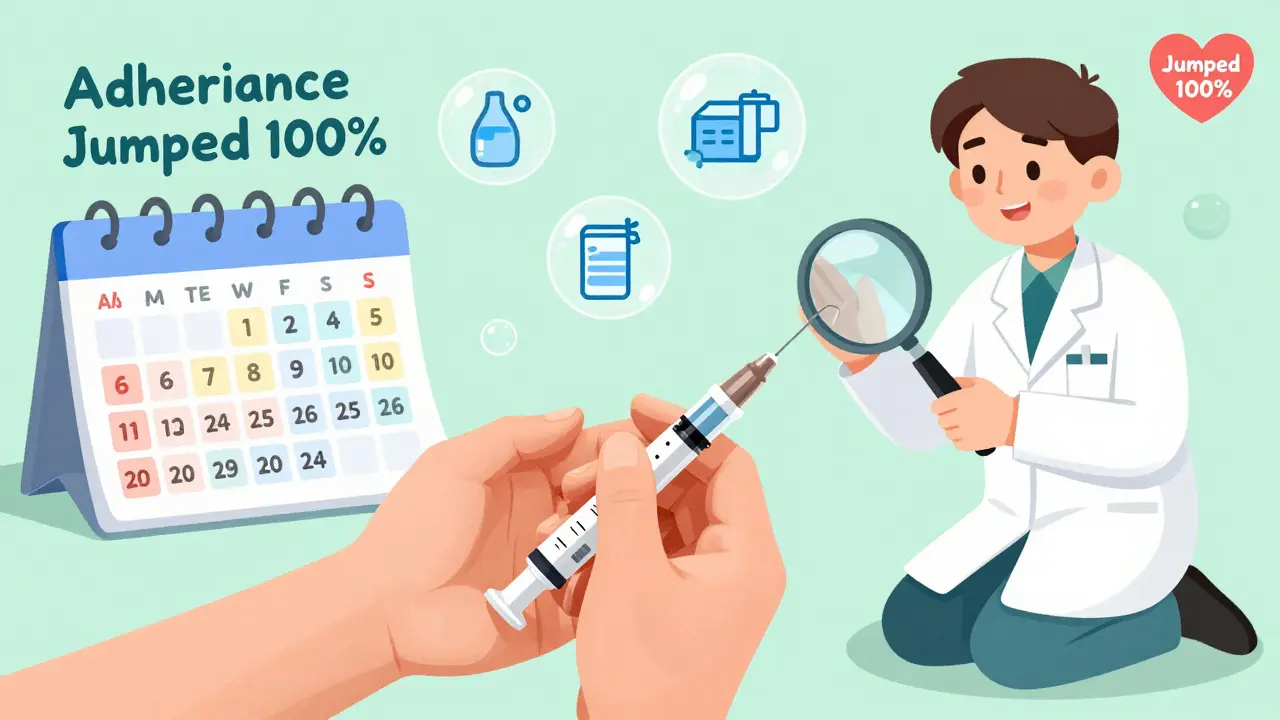 Hand injecting insulin next to color-coded calendar with diagrams and safety tips.
