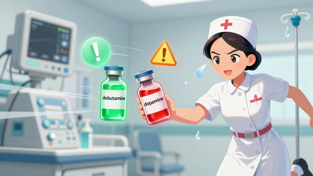 Nurse in ICU reaching for two similar IV vials labeled dobutamine and dopamine, with warning symbols floating nearby.