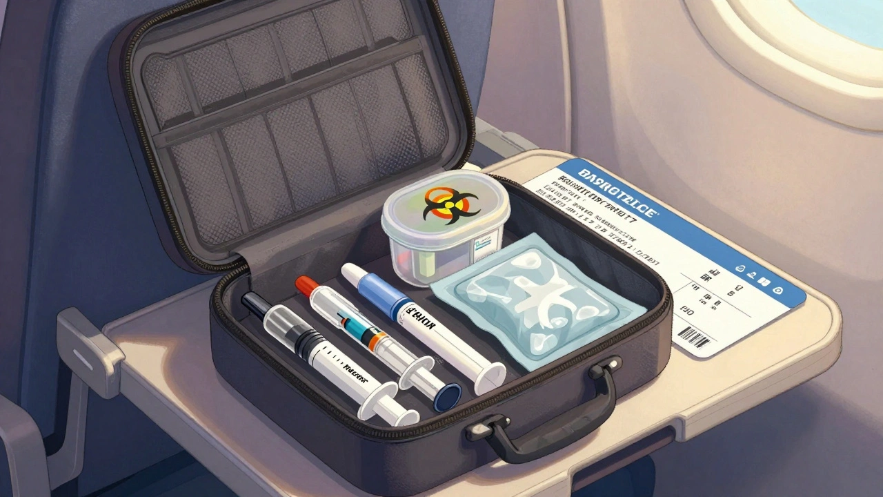 Open travel medical kit on airplane tray table with insulin pens, syringes, sharps container, and doctor’s note.