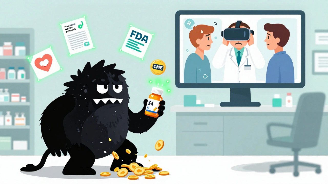Patient holding cheap generic pill as cost barrier crumbles, clinician using VR to explain equivalence to skeptical patient.