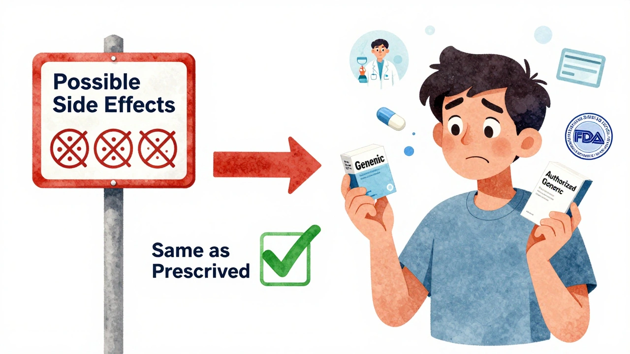 Patient holding two pills, one labeled generic, one authorized generic, with warning signs and checkmark icons around them.