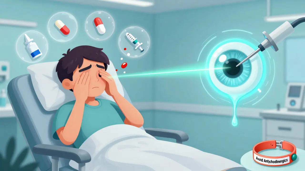 Patient in emergency room with risky meds dissolving as laser creates drainage hole in iris, medical alert bracelet visible.