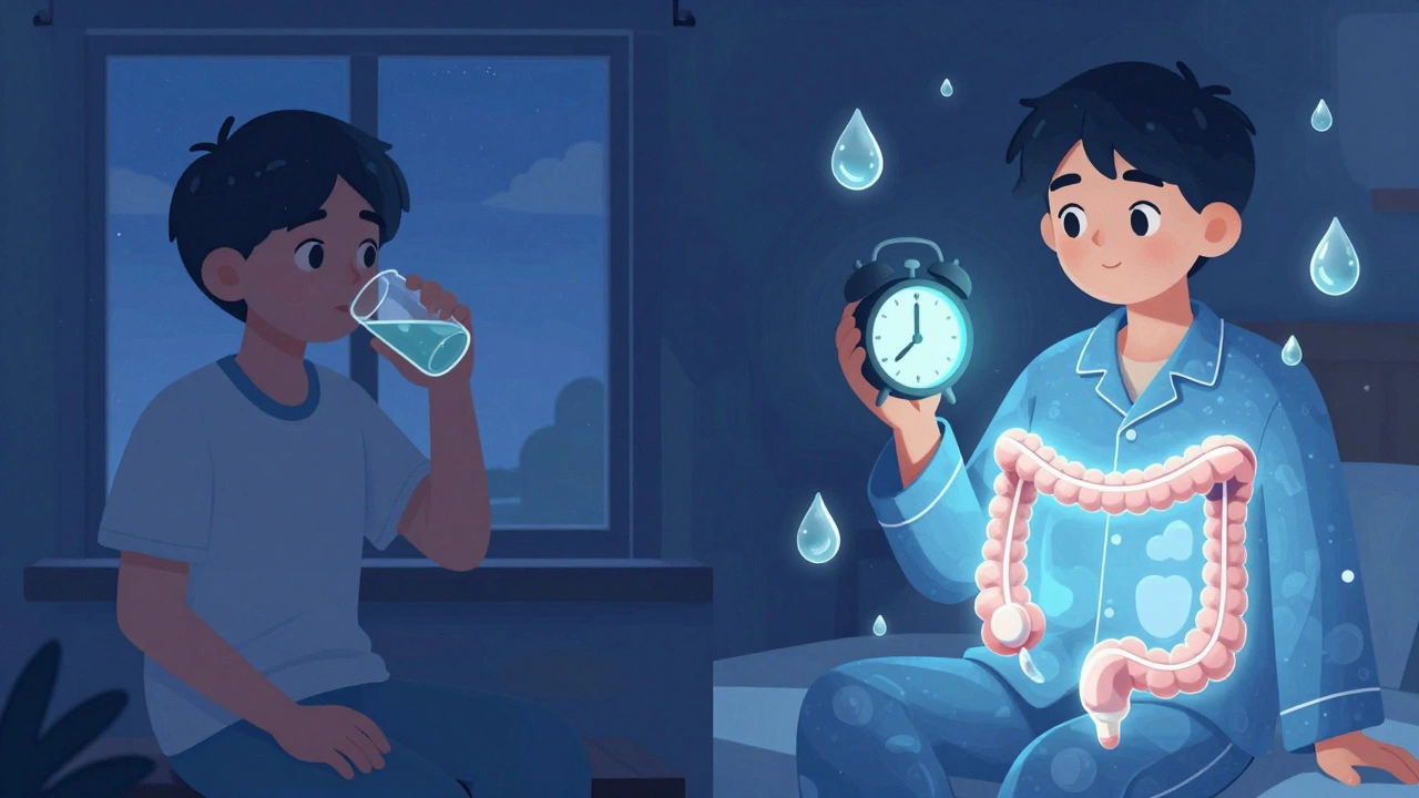 Person drinking laxative solution at 3 a.m. with glowing colon and alarm clock, in cartoon medical style.