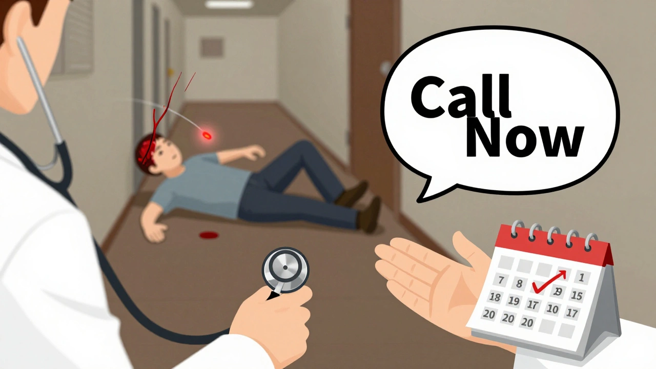 Person fallen after injury with internal clot and bleeding signs, doctor reaching out with calendar of missed doses.