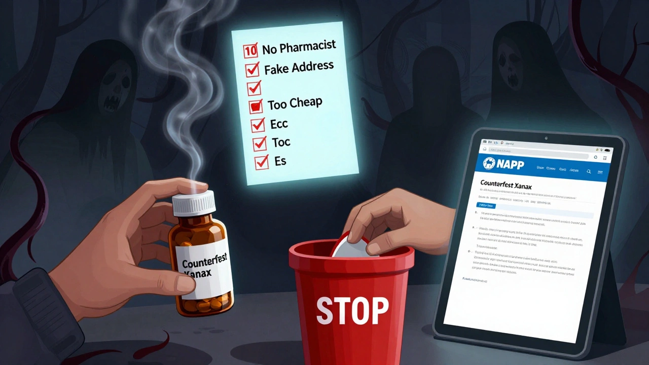 Person holding counterfeit pills as toxic smoke forms ghostly figures, surrounded by floating red flags, while a real verification page glows safely nearby.