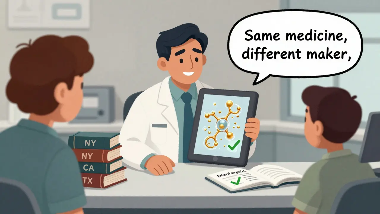 Pharmacist explains biosimilar protein structure to patient using a tablet, with state laws visible on counter.