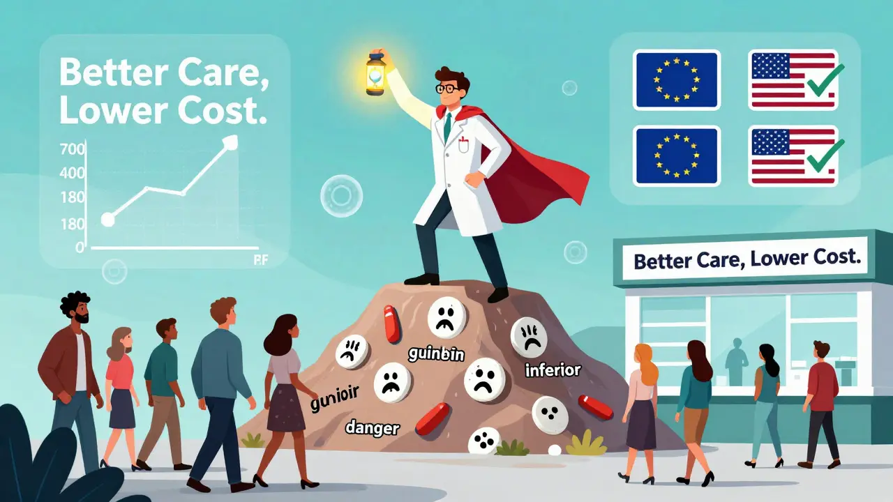 Pharmacist superhero dispels fears of biosimilars as patients walk confidently toward better healthcare.