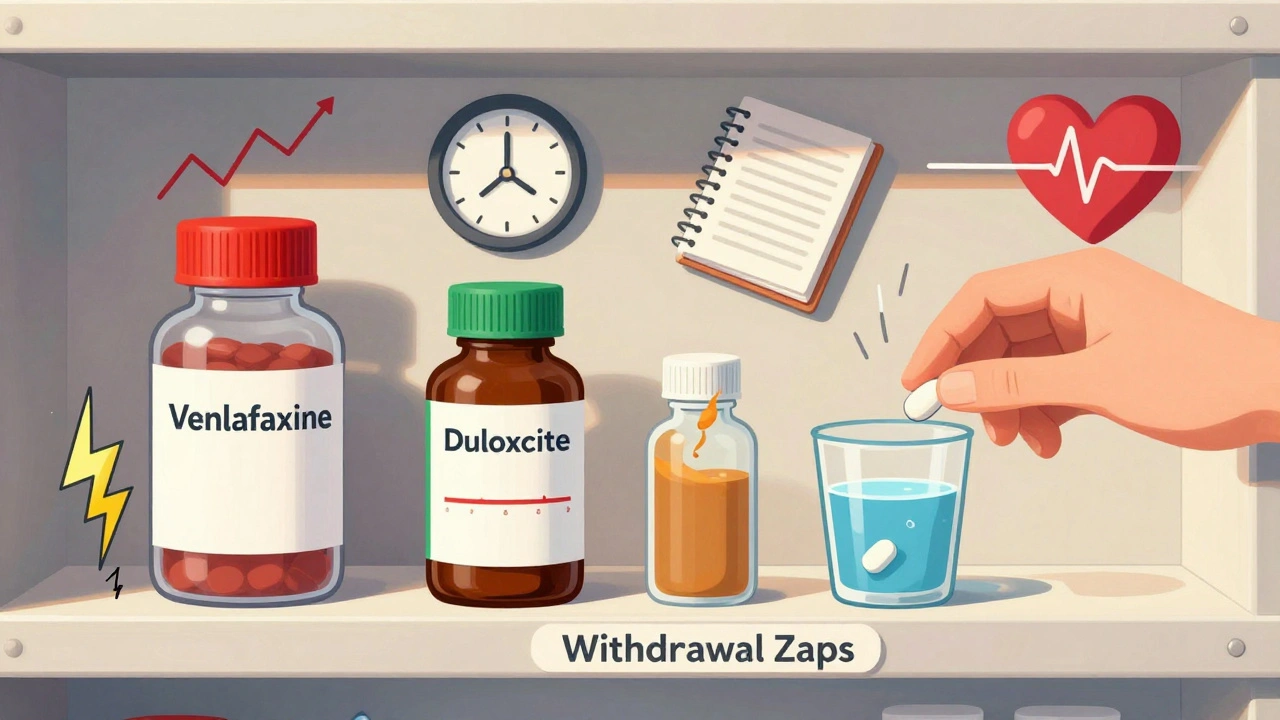 Pharmacy shelf with SNRI medications and symbols of side effects, withdrawal, and recovery in a conceptual illustration.