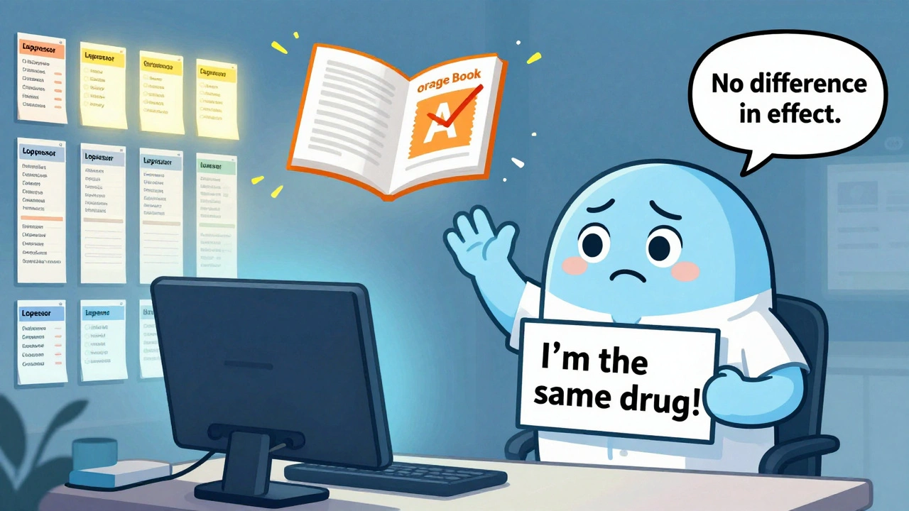 Resident confused by brand name while generic drug person waves with &#039;I&#039;m the same!&#039; sign, Orange Book showing A rating.