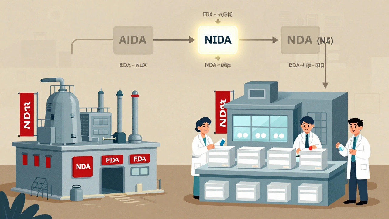 Same factory producing branded and unbranded pills side by side, with FDA approval flowchart in background.
