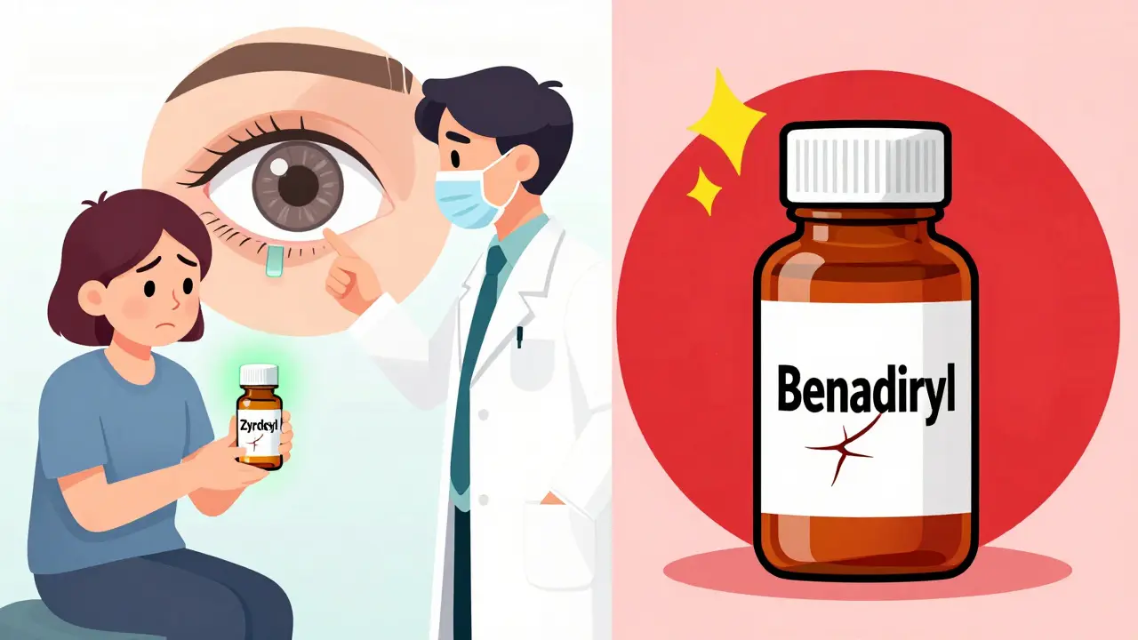 Split illustration: safe Zyrtec with open eye drainage vs. dangerous Benadryl with blocked angle and damaged optic nerve.