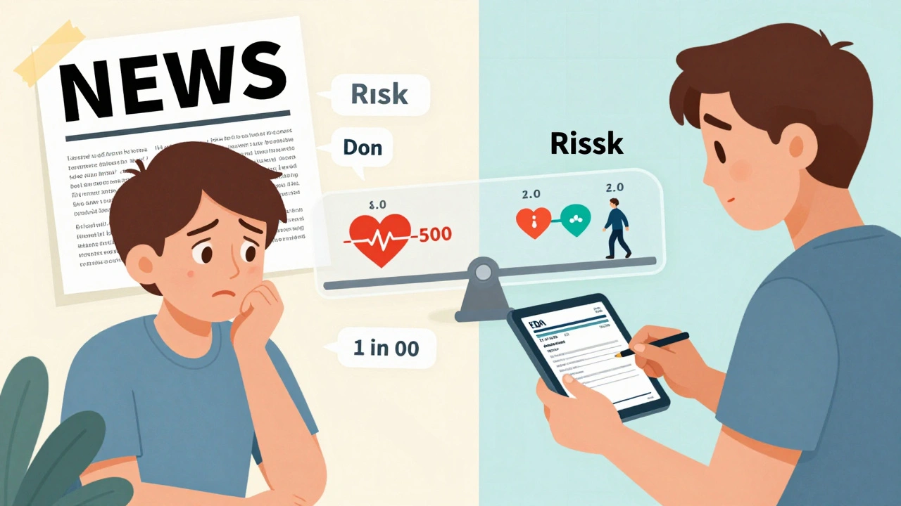Split scene: confused patient vs. same person calmly reading FDA drug label with clear risk-benefit numbers.
