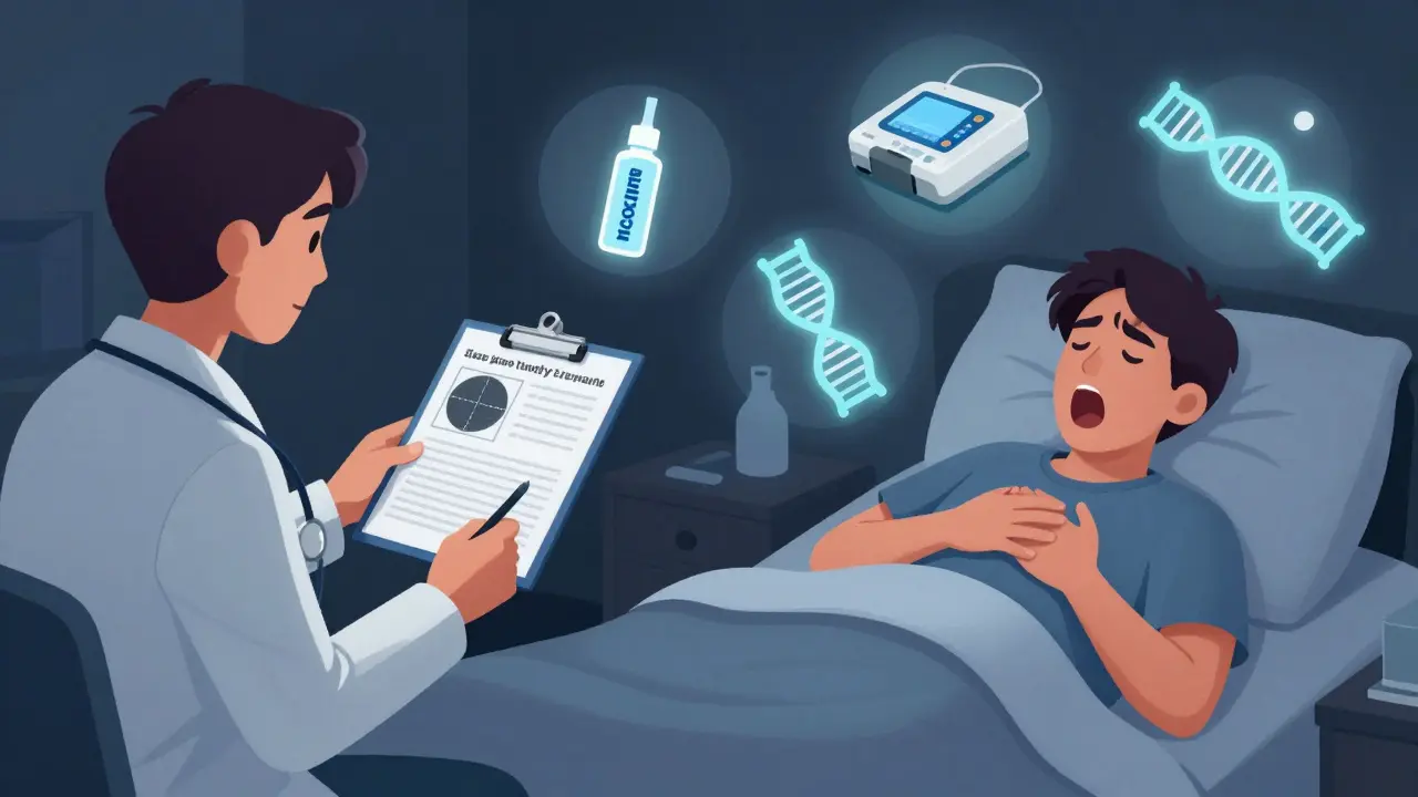 Split scene: doctor reviewing sleep study while patient wakes gasping, with naloxone, CPAP, and DNA icons floating nearby.