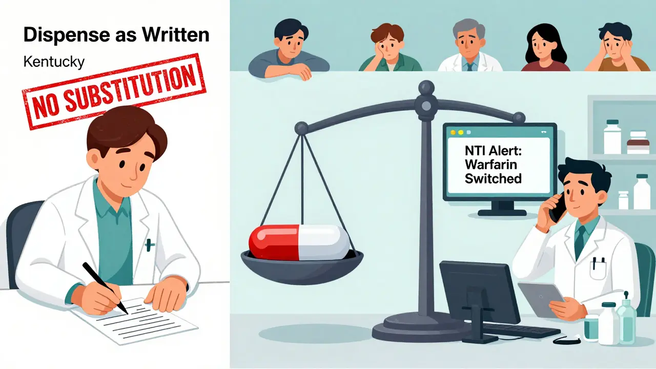 Split scene: doctor writes 'Dispense As Written' in Kentucky, pharmacist calls doctor in California, scale tipping with pills