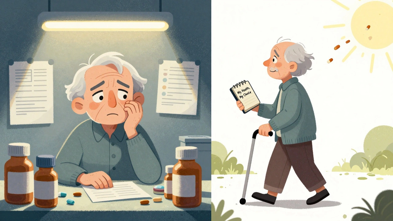 Split scene: overwhelmed by pills vs. peaceful outdoor life with fewer medications.