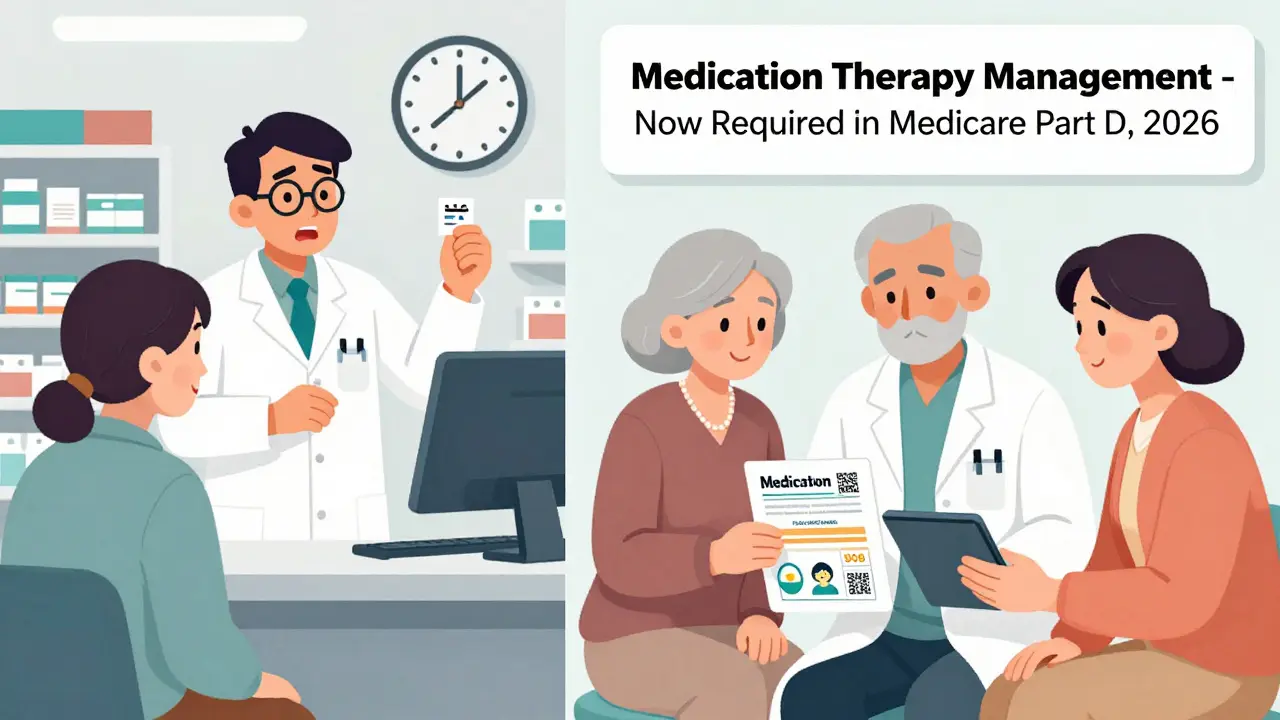 Split scene: rushed pharmacy vs. calm counselor giving illustrated guide to senior and caregiver.