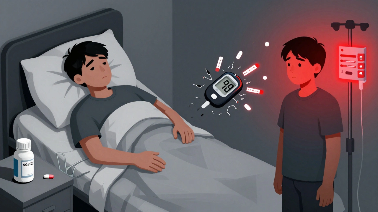 Split scene: sick person at home and same person in ER, glucose meter breaking into ketone particles.