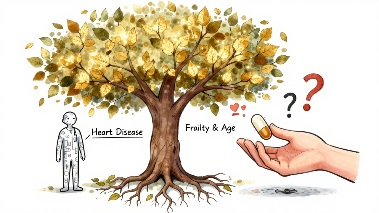 Symbolic tree with medical guidelines as roots, patient choosing to remove a statin fruit.