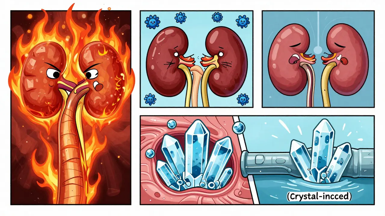 Three illustrated pathways of kidney injury: toxic burning, immune attack, and crystal blockage.