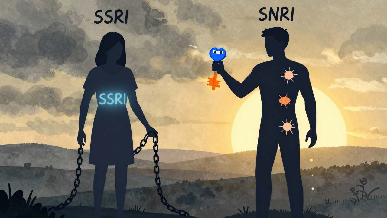 Two patient silhouettes: one weighed down by an SSRI, the other empowered by an SNRI as pain symbols fade away.