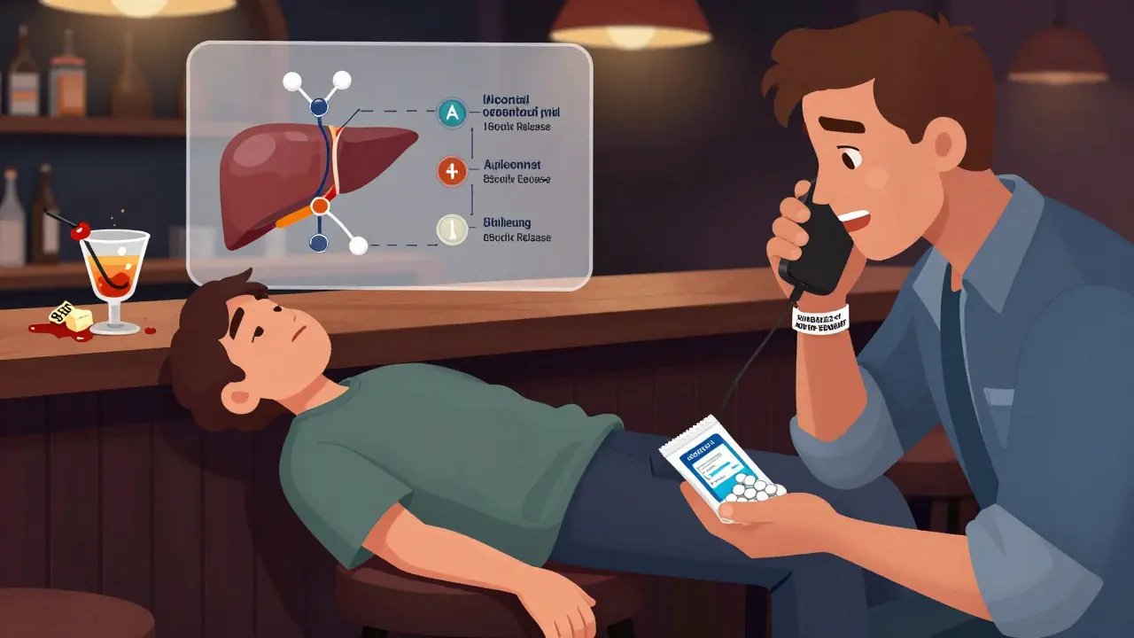 Unconscious person at bar, friend calling emergency services while holding medical alert bracelet and glucose gel.