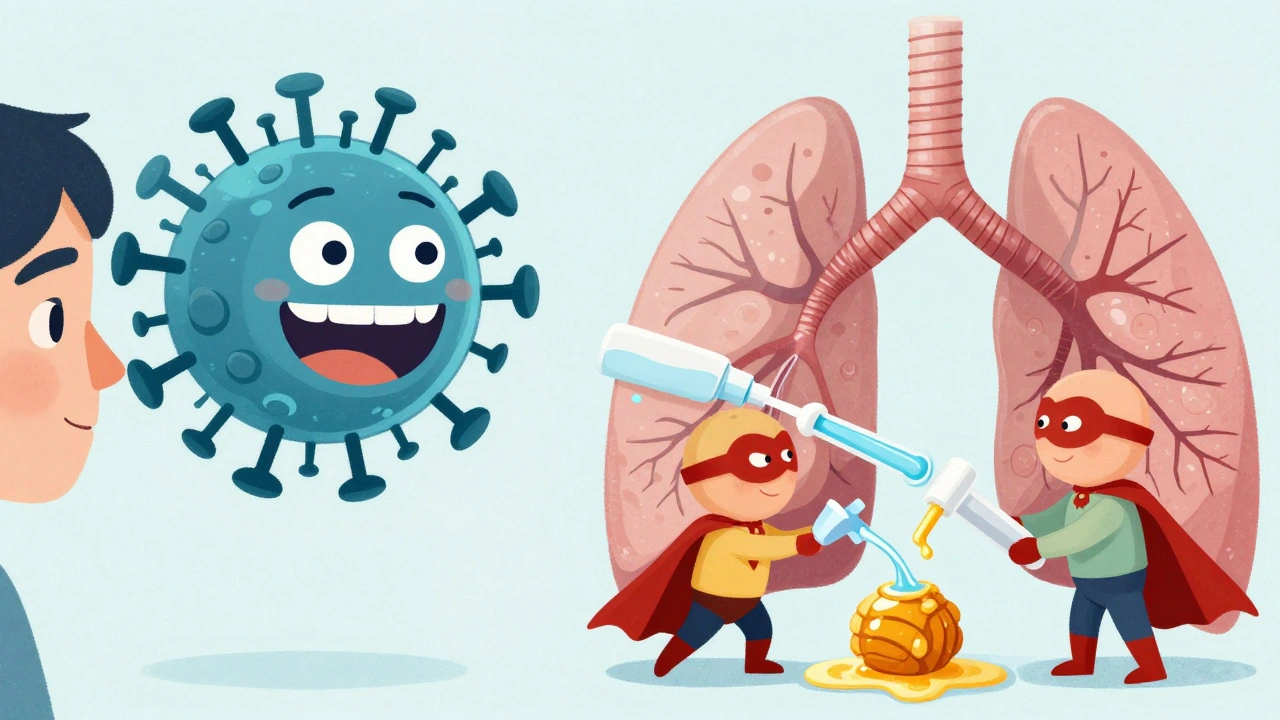 Virus monsters vs. Rest and Hydration superheroes repairing airways in cartoon style.