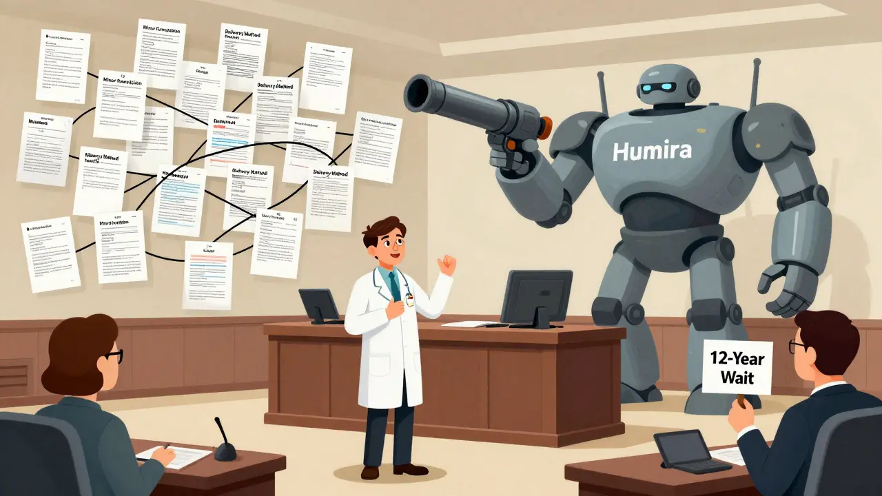 A biosimilar faces a courtroom filled with hundreds of trivial patents, while a patent cannon looms over the scene.