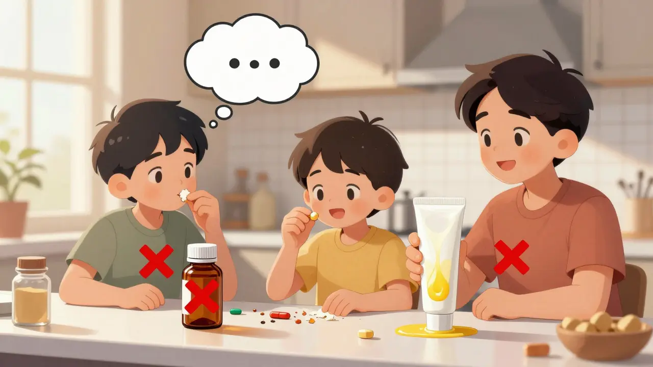 A family checking medicine for odor, texture, and separation under natural light.