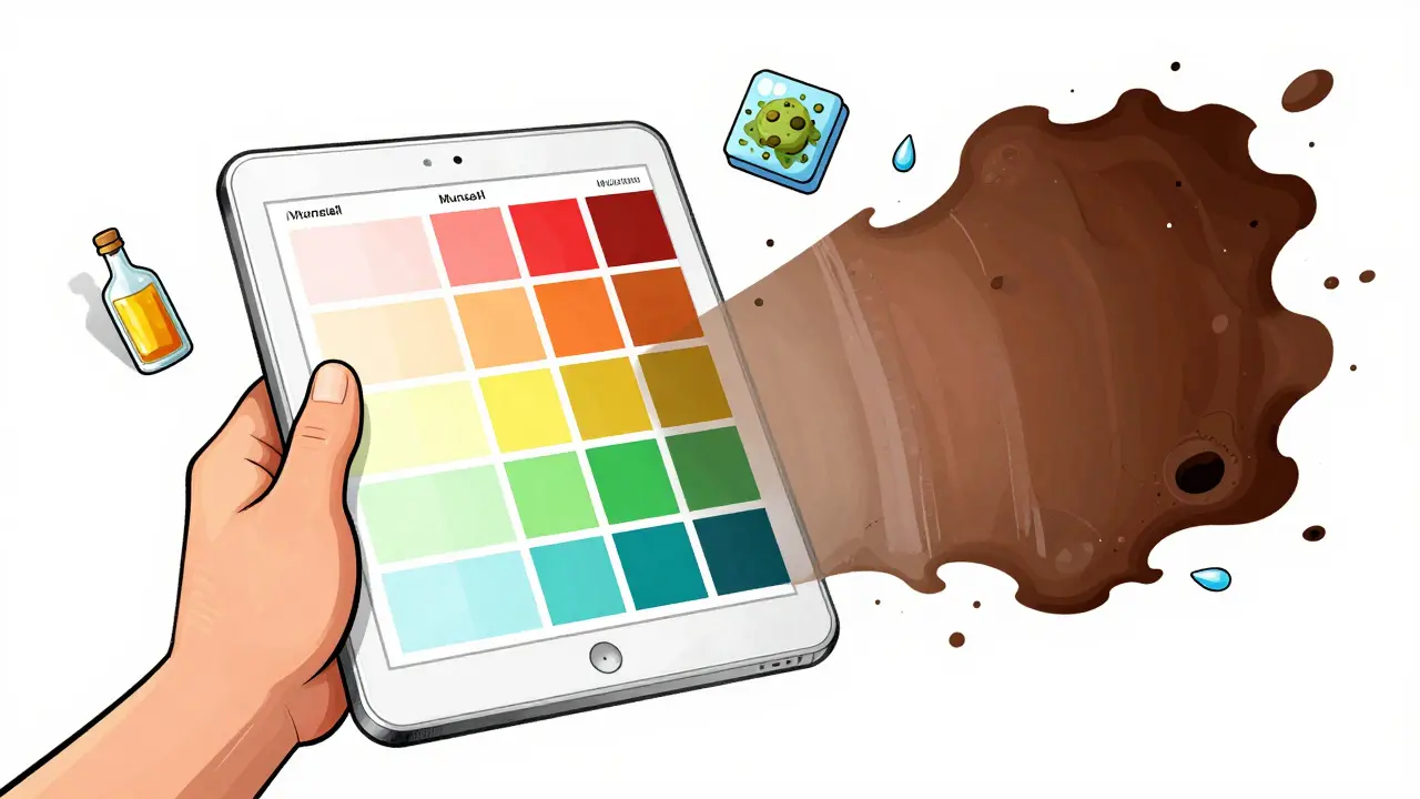 A tablet changing color beside a standardized color chart with decay symbols floating nearby.