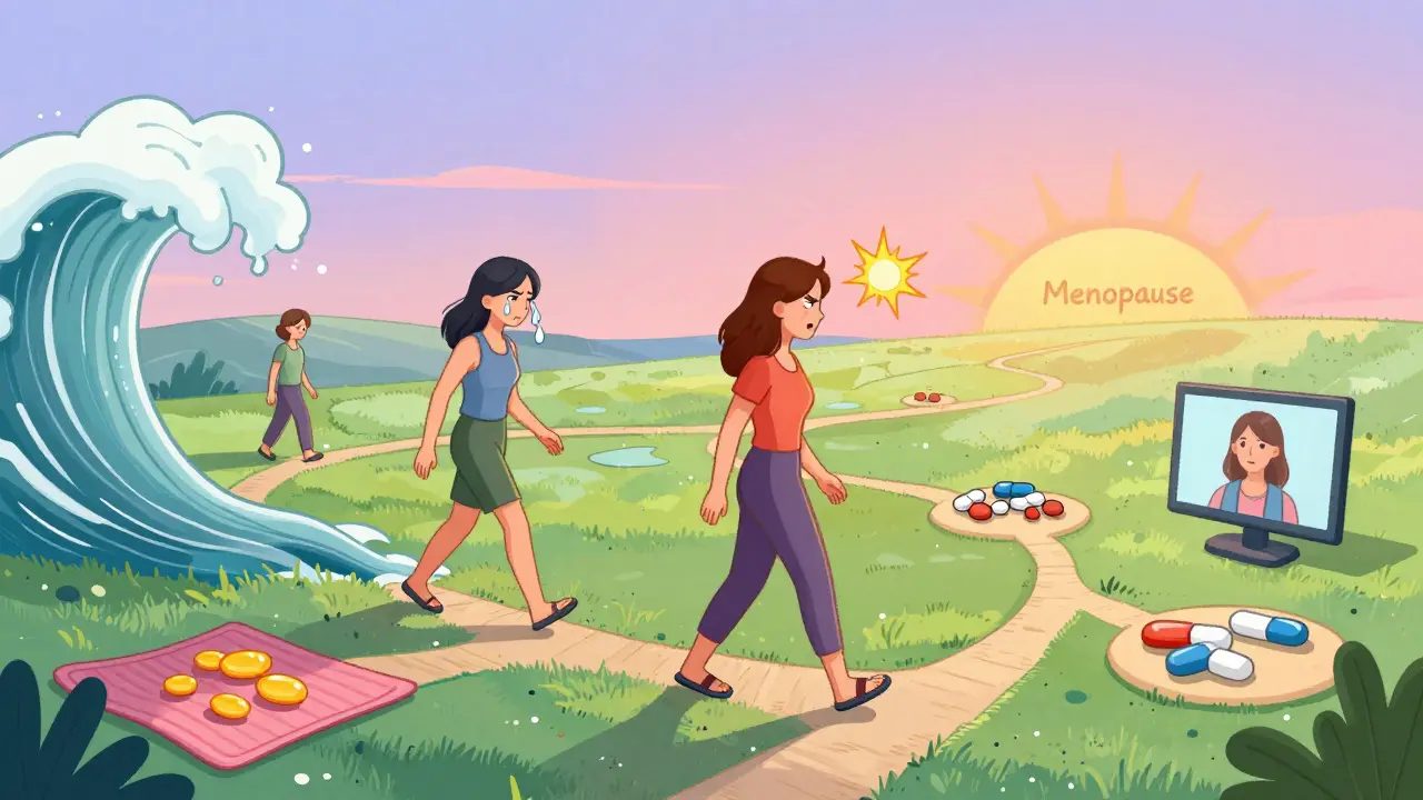 A woman walking through an emotional landscape, with paths leading to natural remedies and telehealth, as a sunrise symbolizes stability ahead.