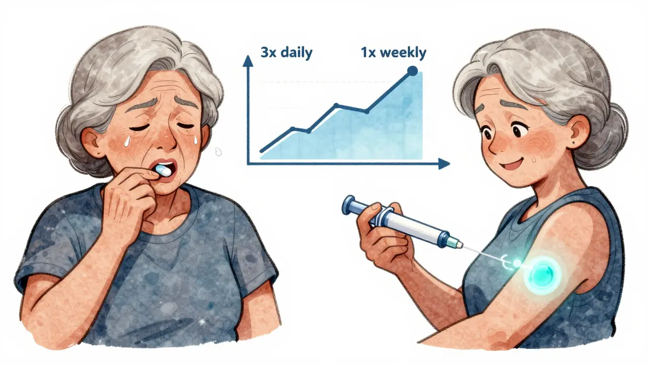 An elderly woman switches from swallowing a large pill to using a simple weekly injection pen.