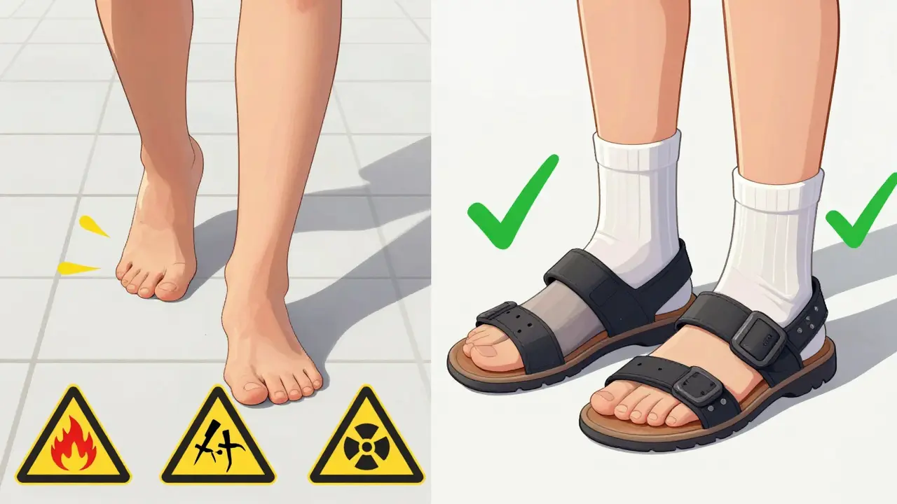Contrast between unsafe barefoot walking and safe diabetic footwear with protective symbols.