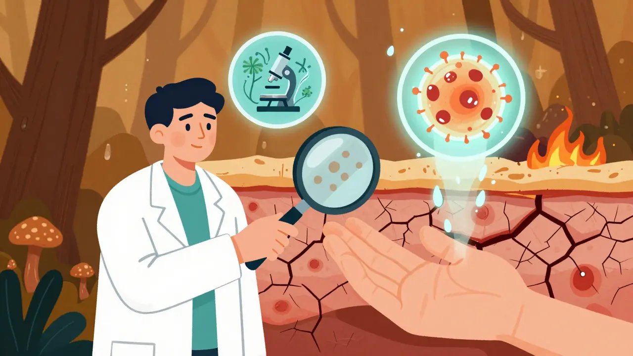 Dermatologist examining nails with floating icons of fungus and immune cells, background split into damp forest and fiery skin.