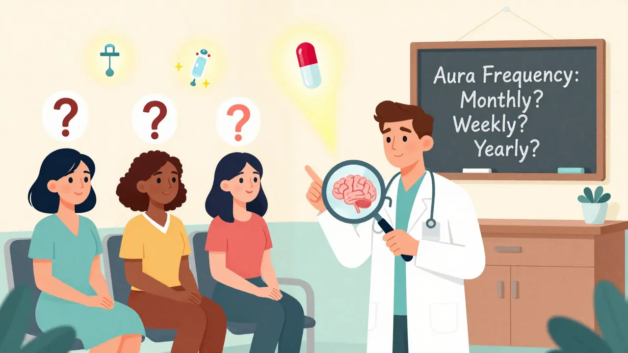 Diverse women in clinic with floating birth control options and brain diagram showing aura triggers.