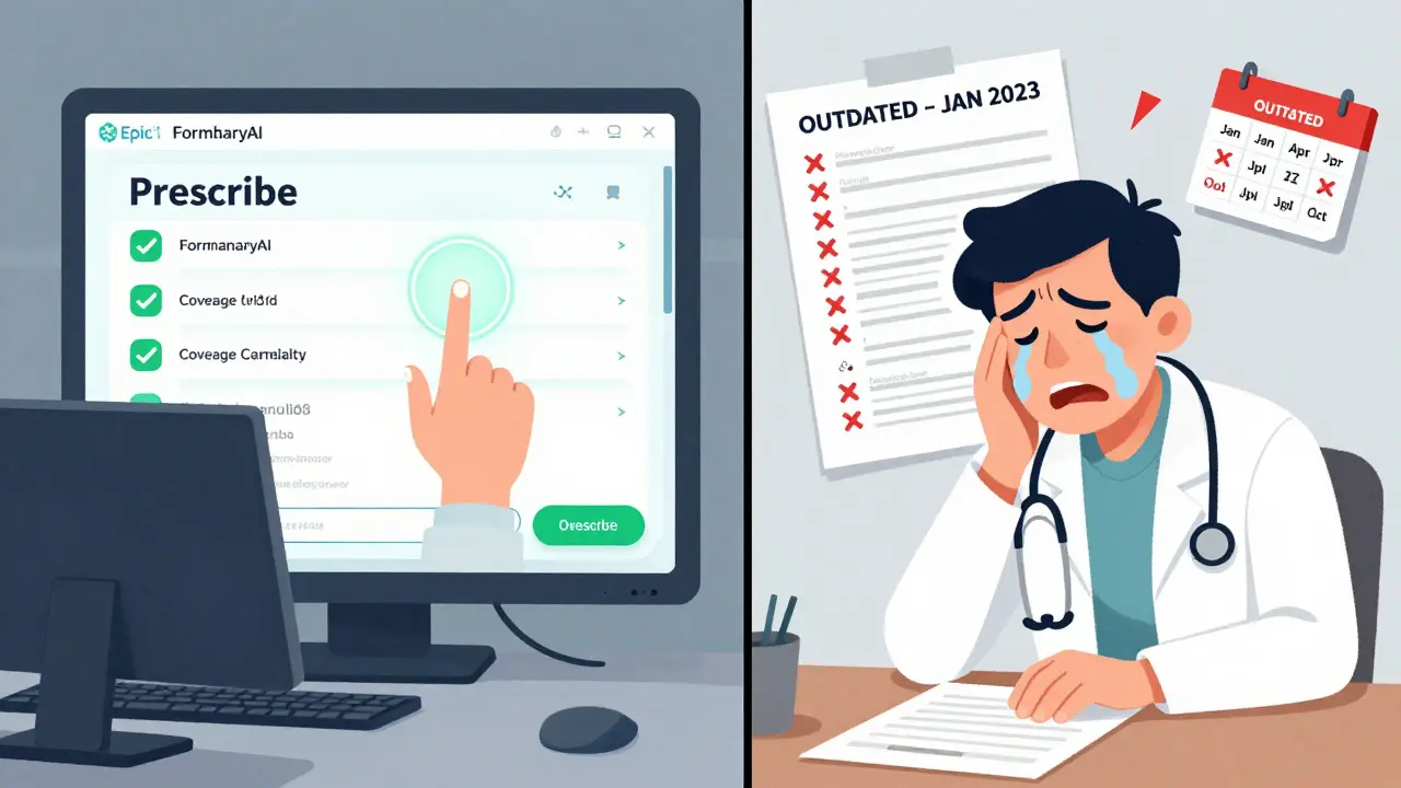 Doctor comparing outdated paper formulary with EHR tool showing real-time coverage predictions.