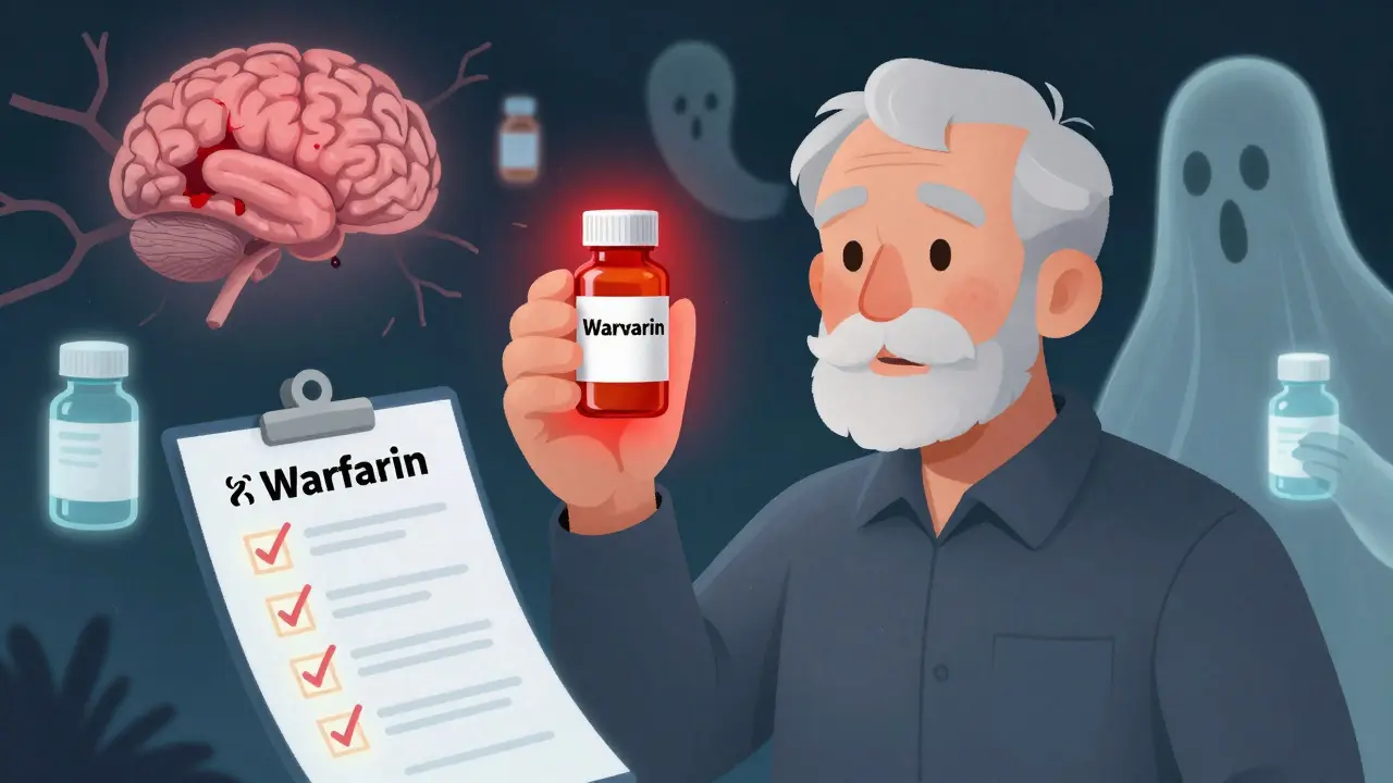 Elderly man with glowing black-box warning and ghostly bleeding vessels, holding a checklist of safety steps.