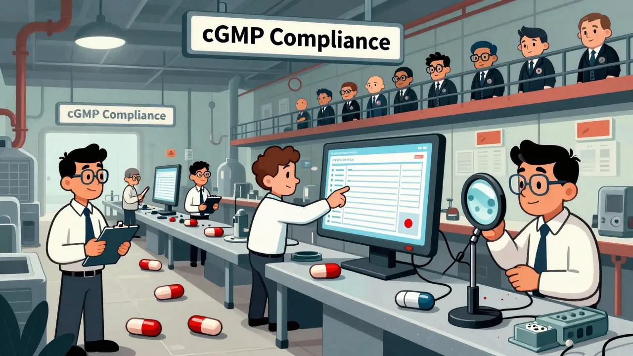 Factory assembly line with inspectors checking pills and a missing temperature log under cGMP signage.