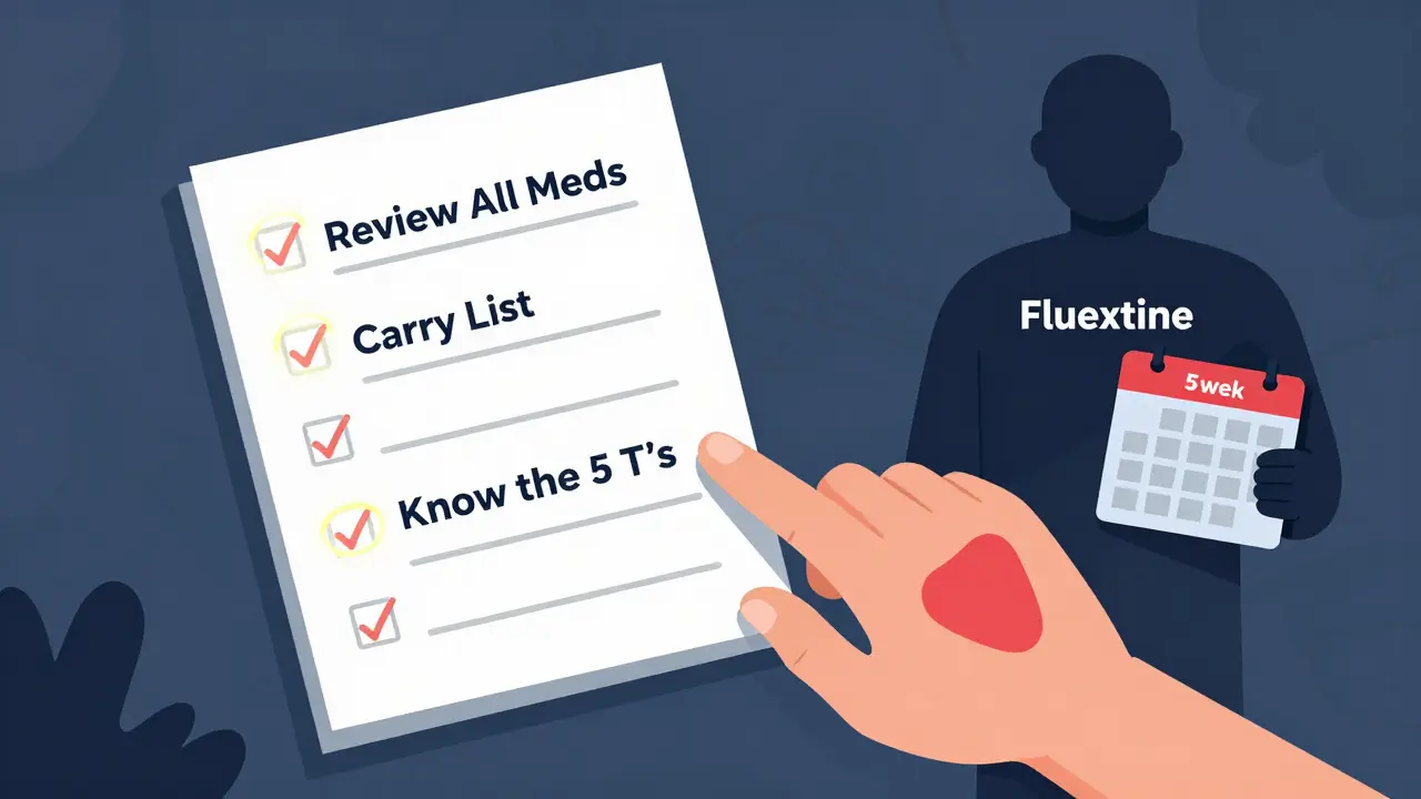Floating safety checklist with glowing items and a shadowy fluoxetine figure looming nearby.