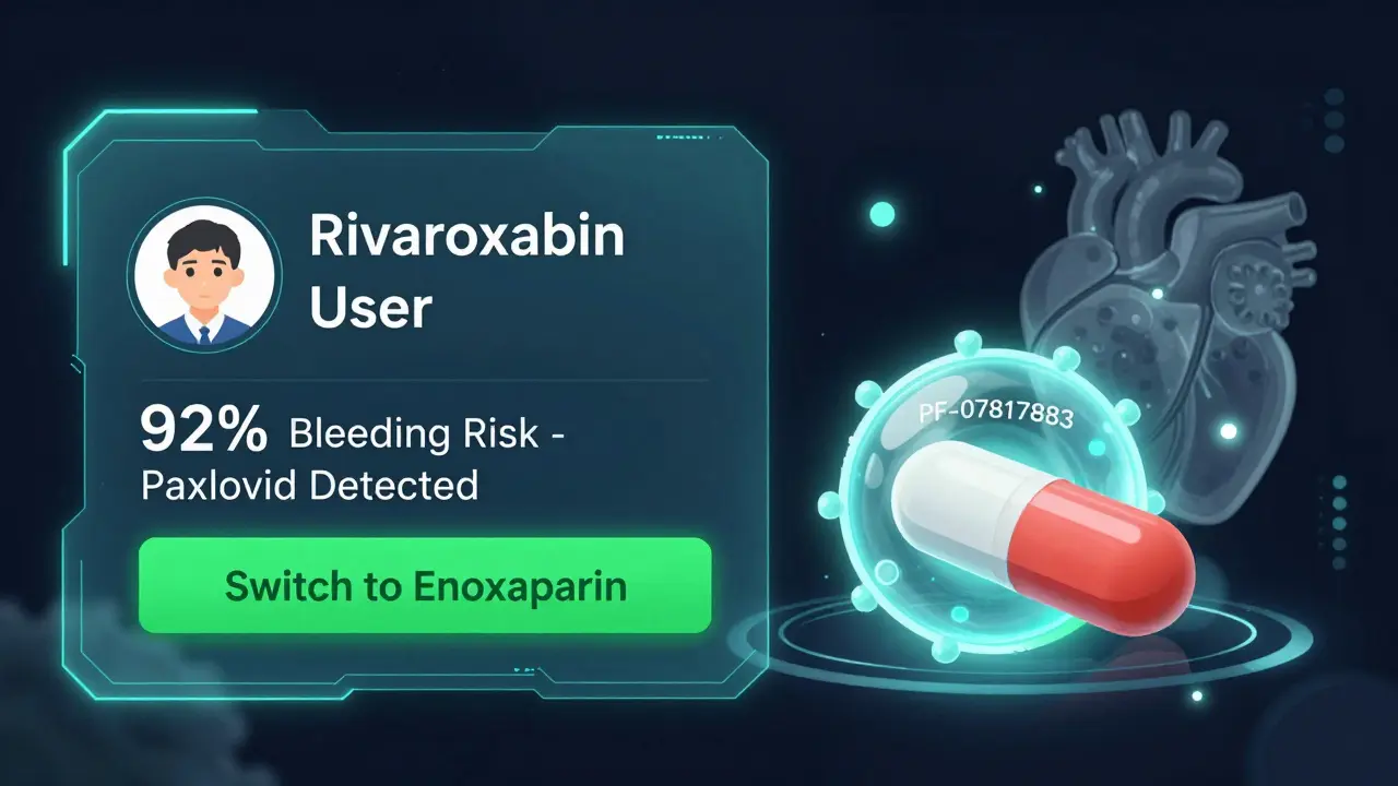 Futuristic medical dashboard showing high bleeding risk alert and next-gen antiviral pill.