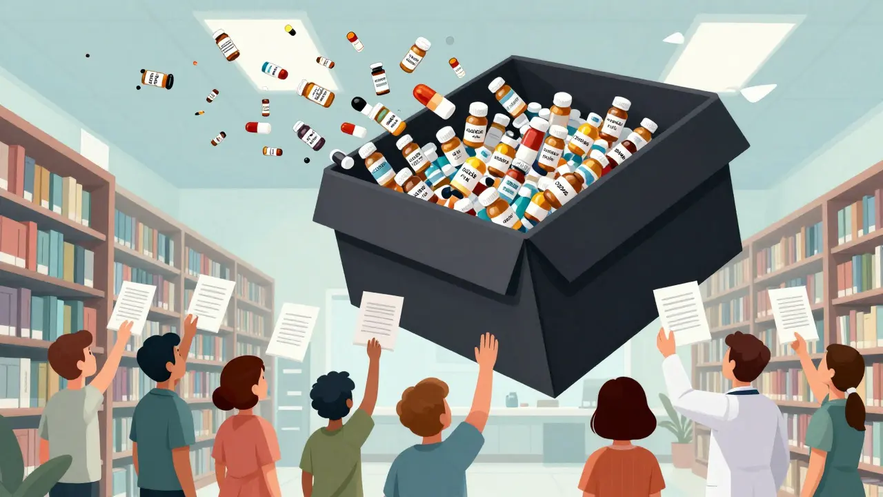 Giant black box releasing labeled warning bottles, patients and doctors reading fine print below.