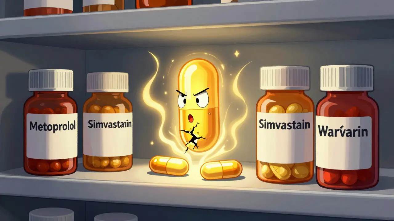 Goldenseal capsules glowing beside prescription bottles, causing them to swell and crack.