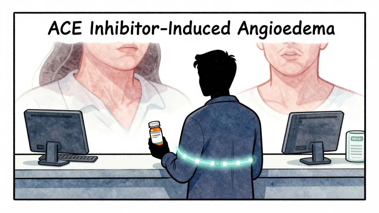 Medical alert bracelet glowing beside a prescription bottle, with a shadowy swollen throat looming behind the person.