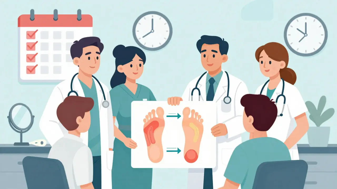 Medical team guiding a patient with an illustrated foot map showing ulcer-prone areas.