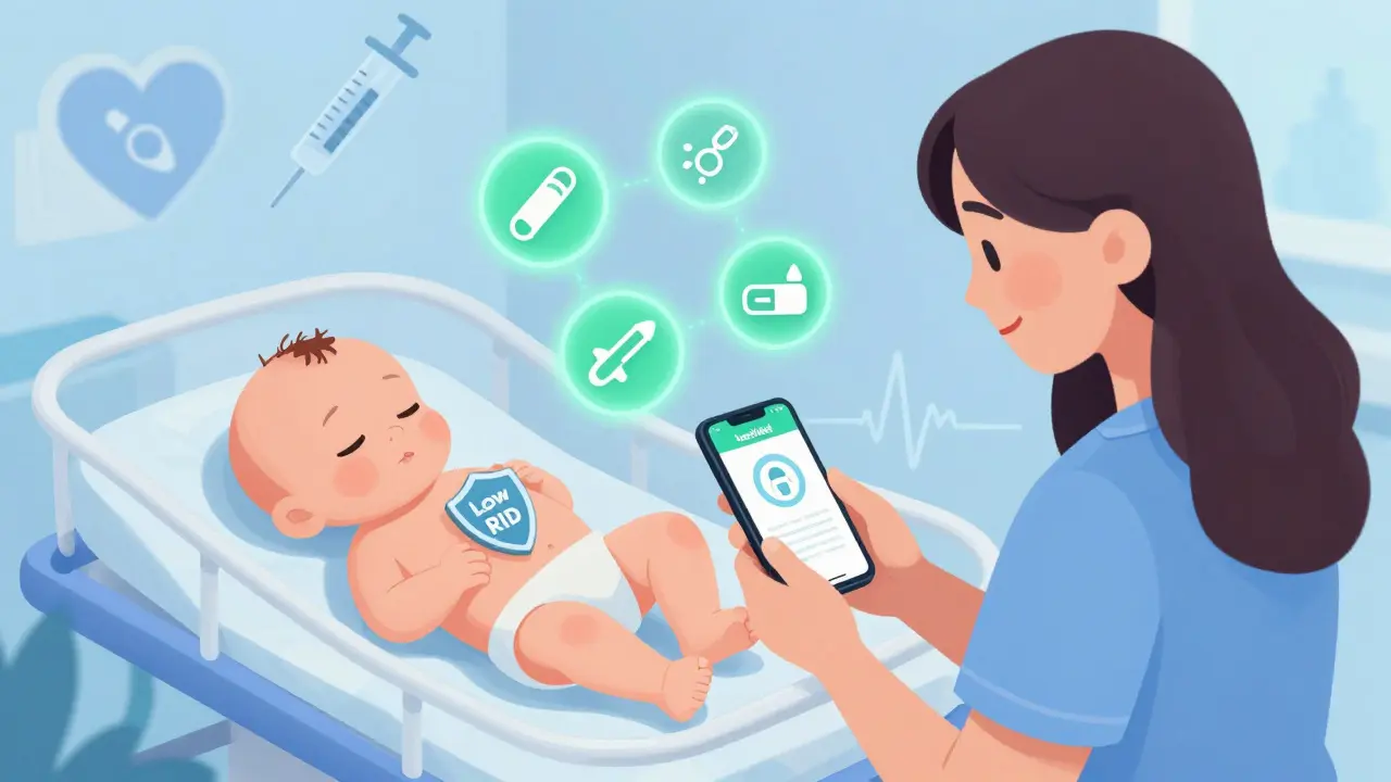 Mother using LactMed app with safe medication icons, protective shield over premature baby.