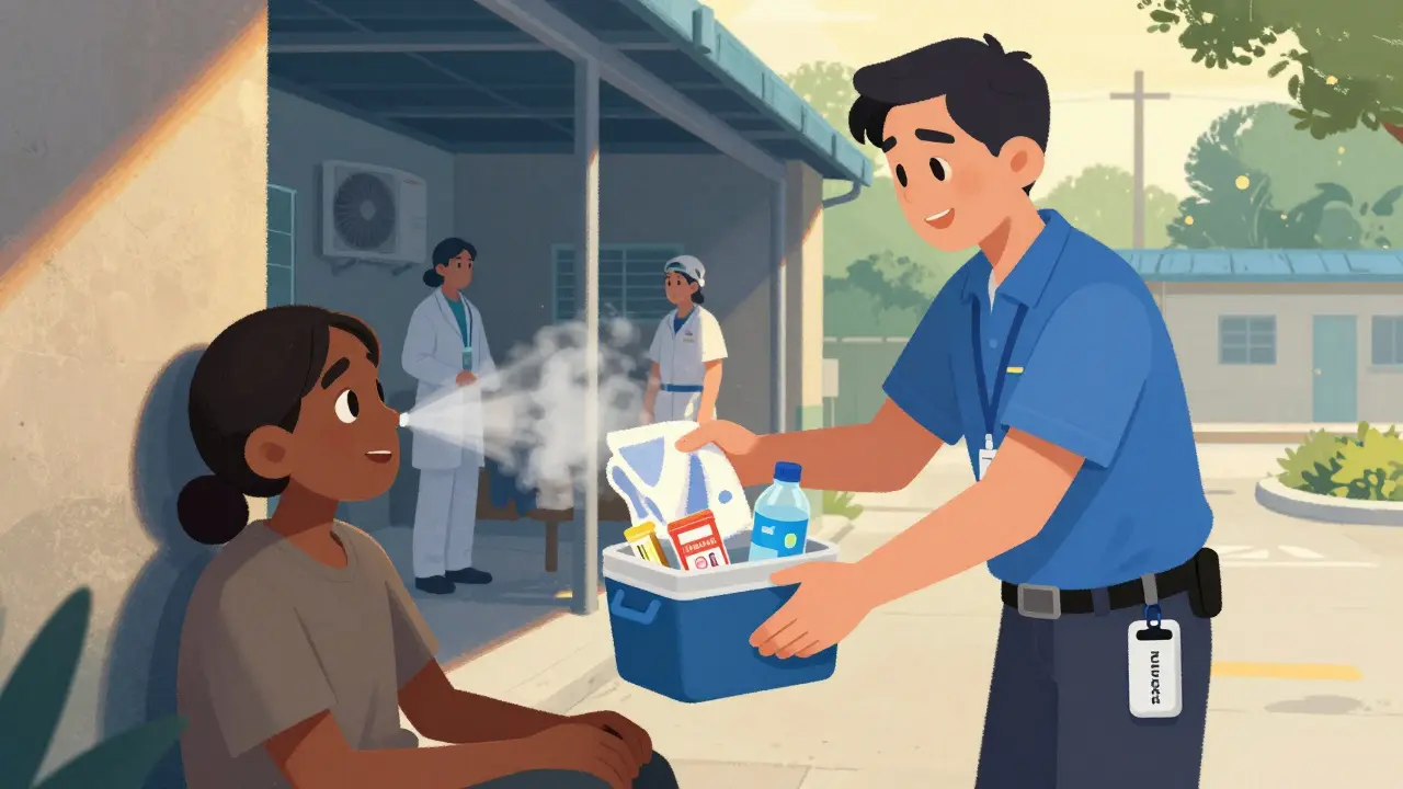 Outreach worker giving a cooling kit to someone experiencing homelessness near a shaded respite center.