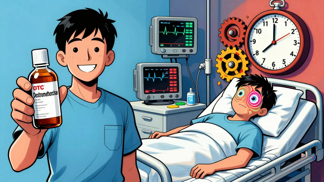 Patient holding cough syrup on one side, collapsing with hallucinations and medical monitors on the other.